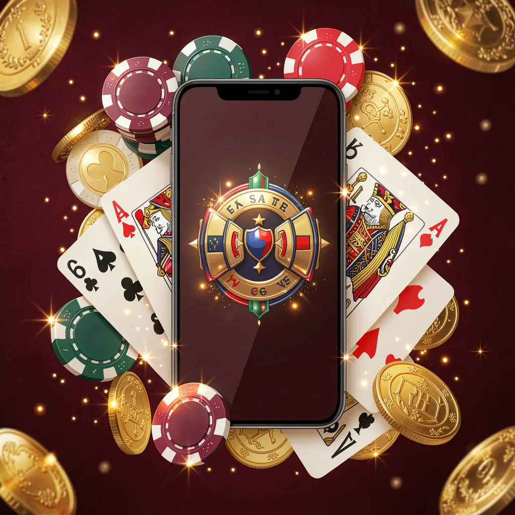 Konsep aplikasi permainan seluler D59 yang menampilkan ponsel pintar dikelilingi kartu remi, cip roulette, koin emas, dan cahaya berkilau dalam gaya kasino premium