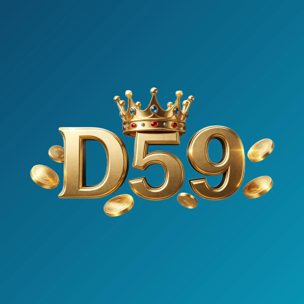 Logo gaya kasino D59 dengan huruf emas, elemen mahkota, koin berkilau, suasana permainan mewah, latar belakang transparan, logo wordmark horizontal untuk header situs web