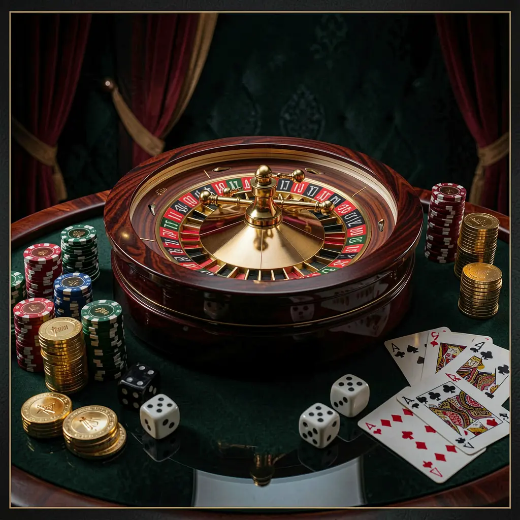 Adegan beranda kasino premium D59 yang menampilkan roda roulette berputar di atas meja mengilap yang dikelilingi cip poker, dadu, kartu, dan koin emas dengan latar belakang gelap elegan serta pencahayaan sinematik